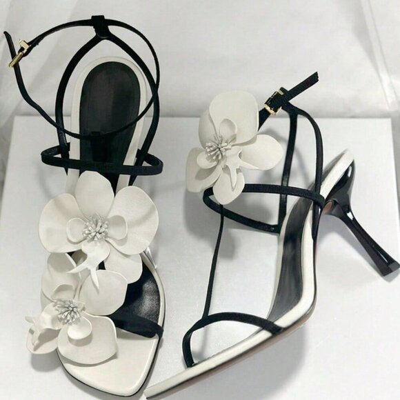 Black Elegant Women's Floral Open Square Toe High Heel Sandals - Picture 1 of 7
